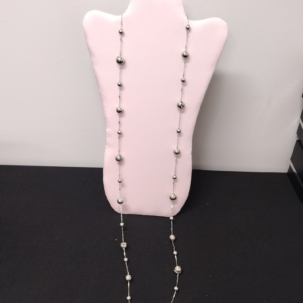 Elegant Silver Necklace with Beaded Design Extra Long